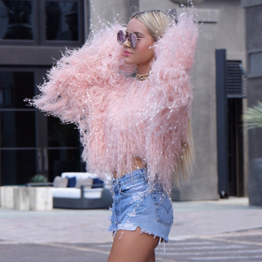 Stylish Crochet Knit Fur Fringe Long Sleeve Cropped Sweater - Pink
