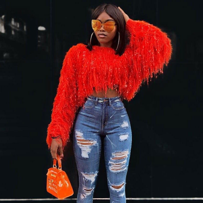 Stylish Crochet Knit Fur Fringe Long Sleeve Cropped Sweater - Red
