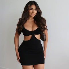 Ribbed Deep V Neck Cut Out Party Mini Dress - Black