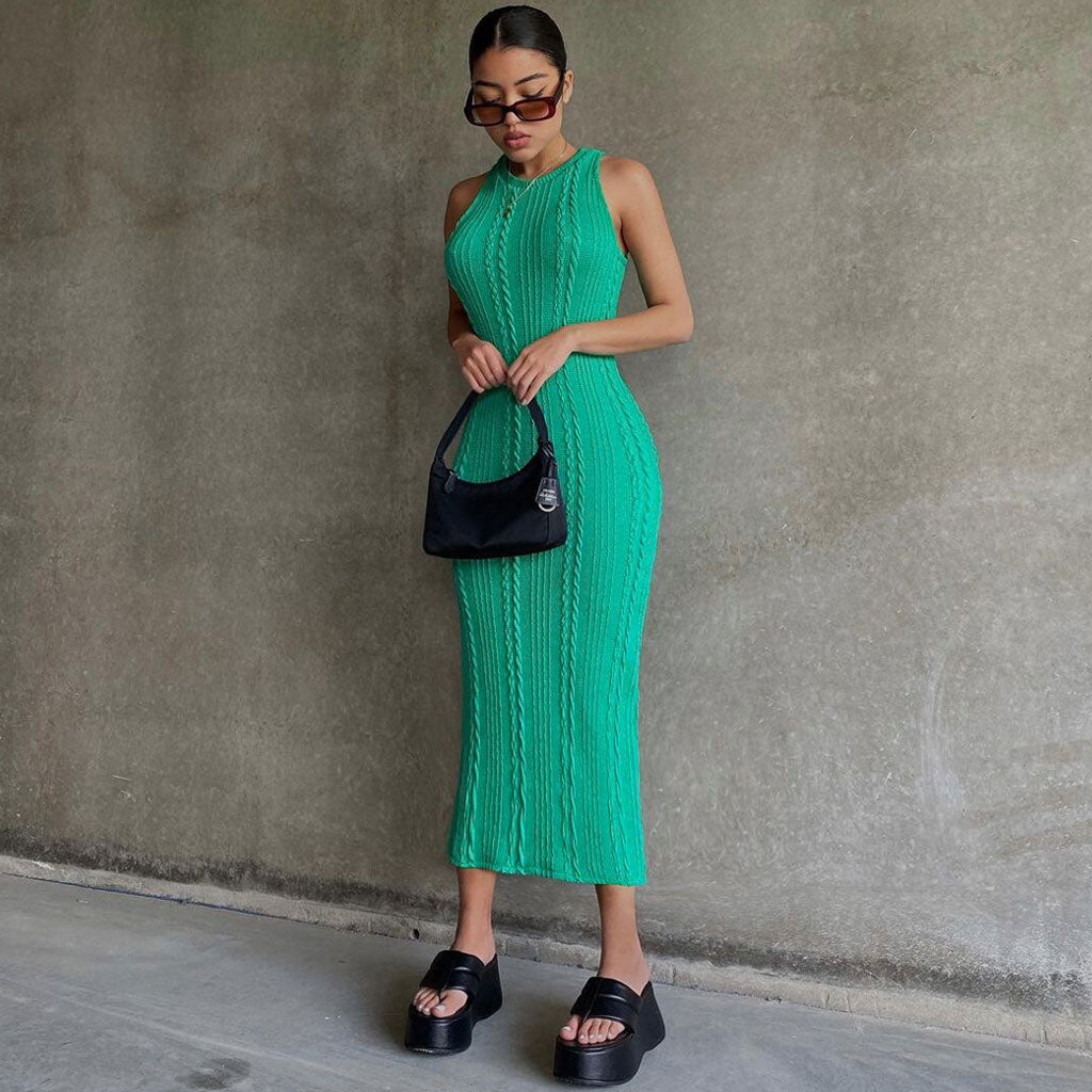 Sleeveless Round Neck Cable Knit Midi Dress - Green