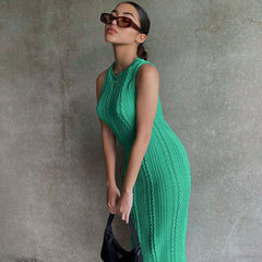 Sleeveless Round Neck Cable Knit Midi Dress - Green