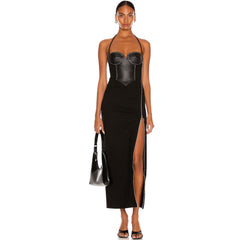 Unique Halter Zip Side Panel Cocktail Midi Dress - Black