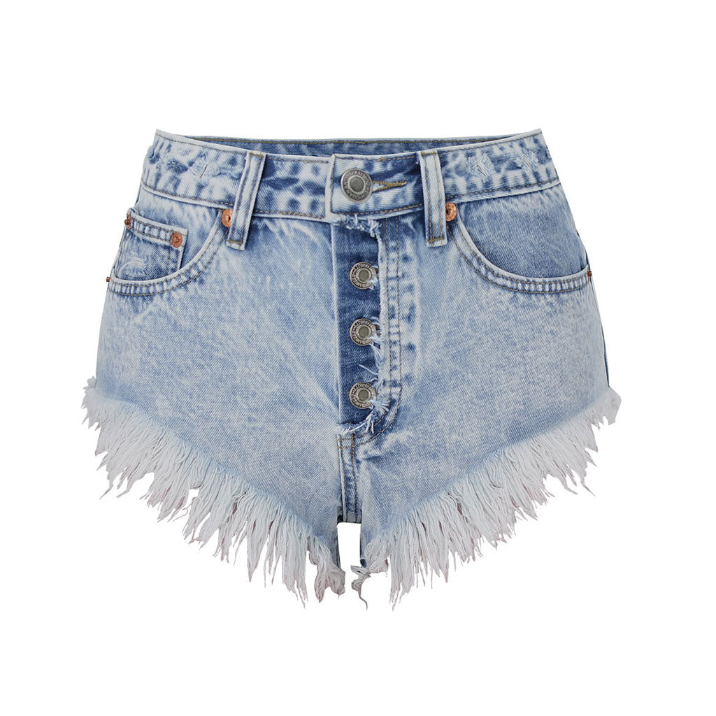 Vintage Mid Rise Frayed Denim Shorts - Light Blue