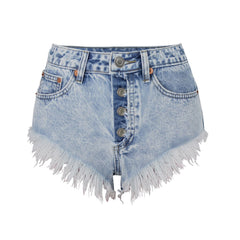 Vintage Mid Rise Frayed Denim Shorts - Light Blue