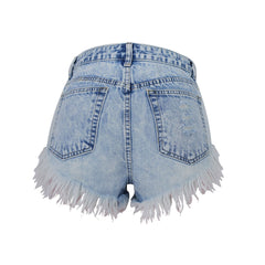 Vintage Mid Rise Frayed Denim Shorts - Light Blue