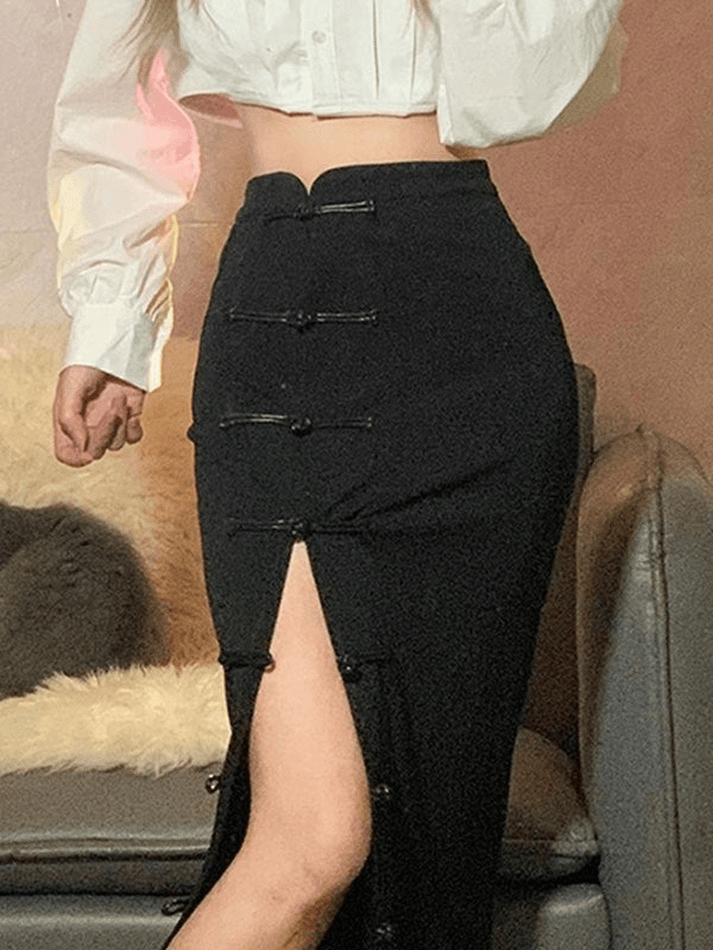 Vintage Buttoned Split Midi Skirt