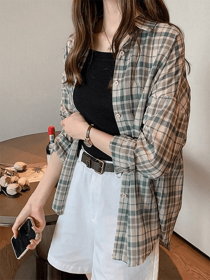 Vintage Checkered Long Sleeve Button Blouse