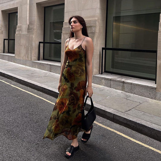 Vintage Floral Print Chiffon V Neck Slip A-line Maxi Dress - Green