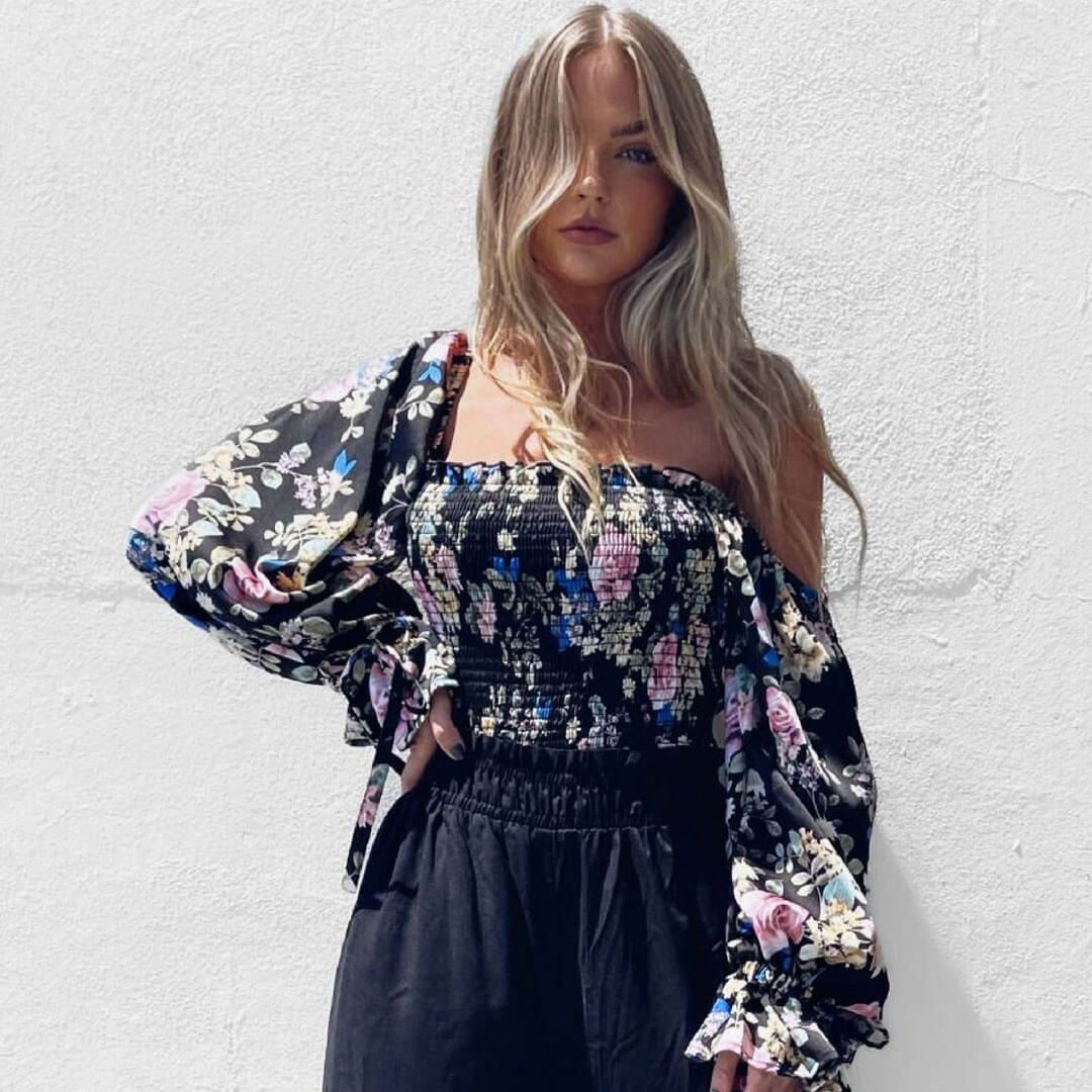Vintage Print Off Shoulder Bishop Sleeve Crop Smocked Top - Floral