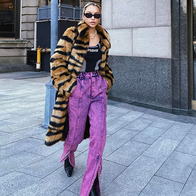 Wild Animal Print Open Front Fur Teddy Trench Coat - Tiger