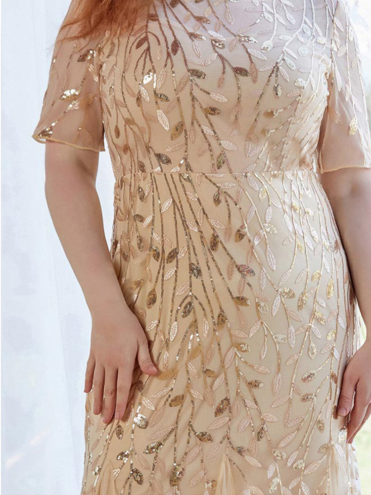 Sequin Plants Detail Mesh Prom Dress