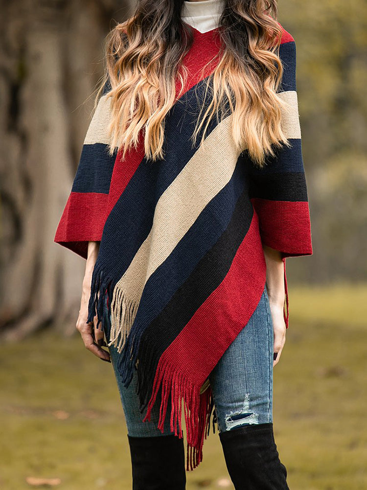 Knitted Striped Tassel Poncho